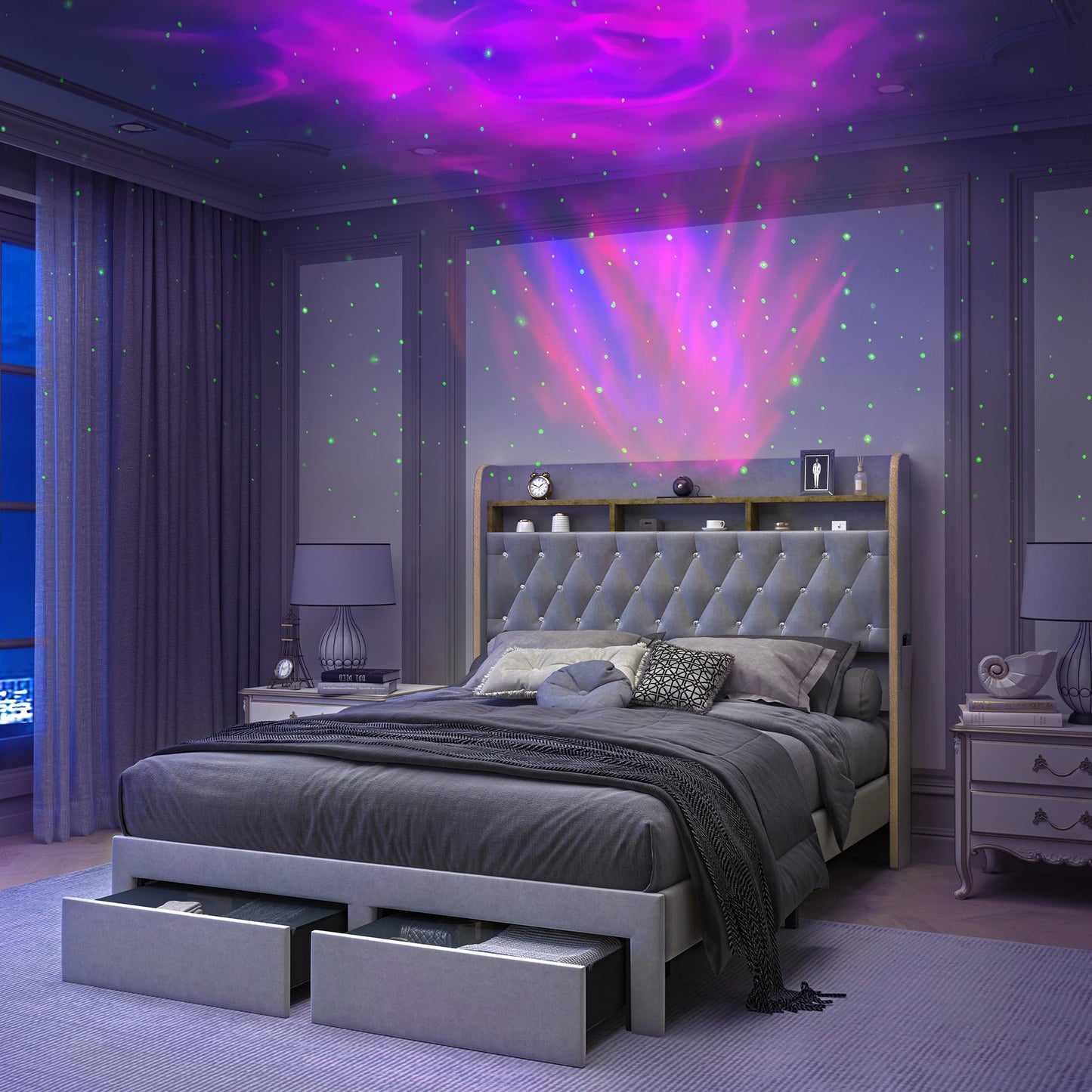 Queen LED Bed Frame with Storage and Star Projector