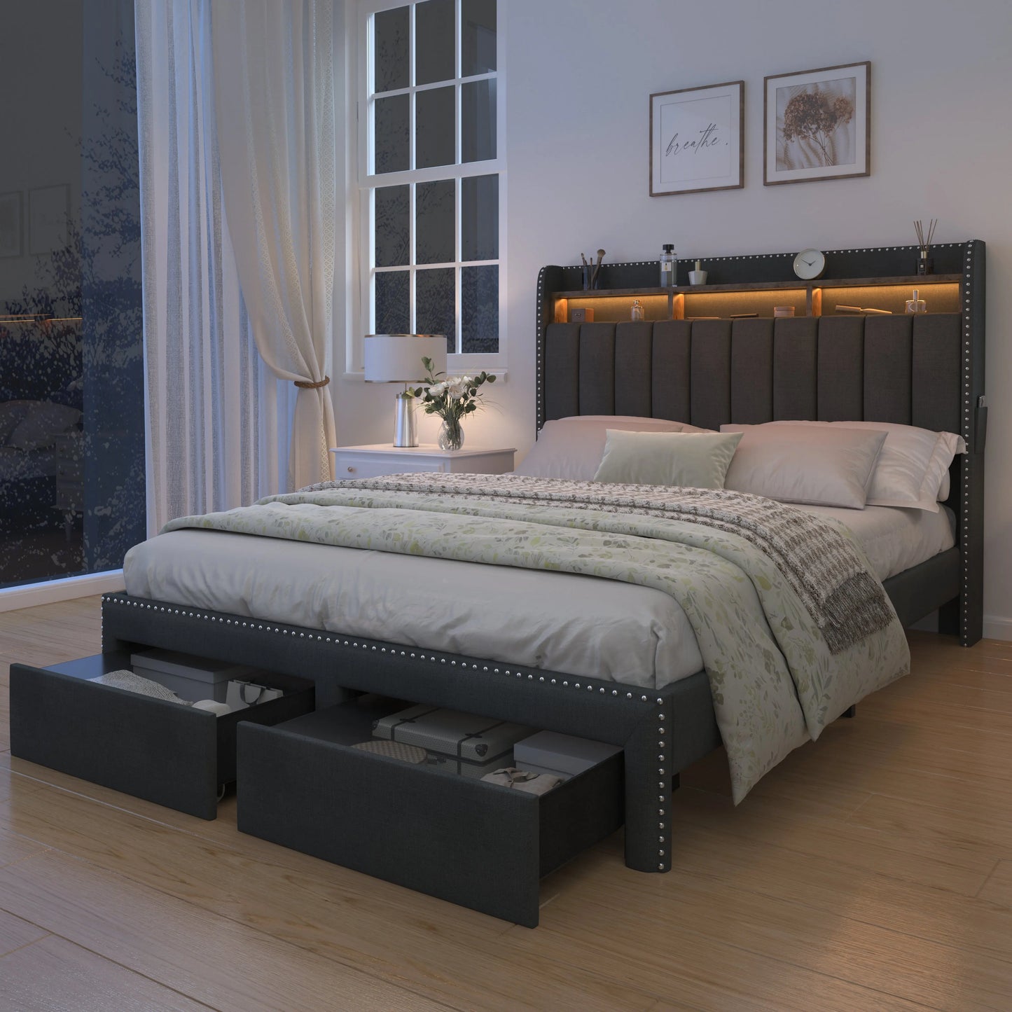 SIBEDS Queen LED Upholstered Bed Frame with Storage Drawers