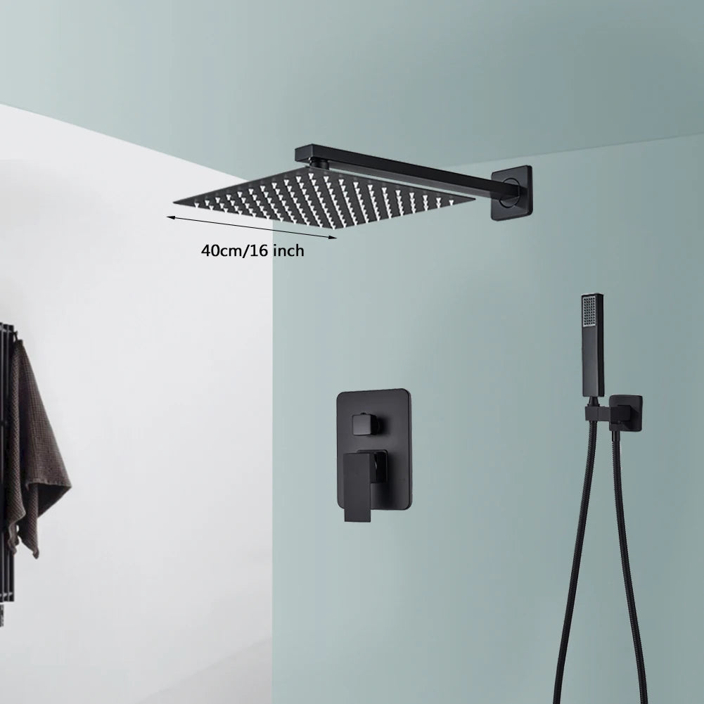 Black Wall Mounted Rainfall Shower Faucet Kit Hot Cold Mixer