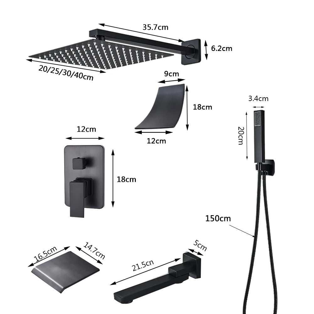 Black Wall Mounted Rainfall Shower Faucet Kit Hot Cold Mixer