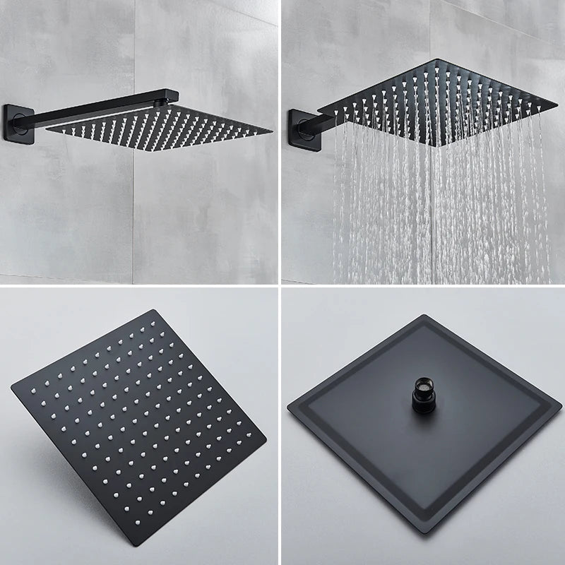 Black Wall Mounted Rainfall Shower Faucet Kit Hot Cold Mixer