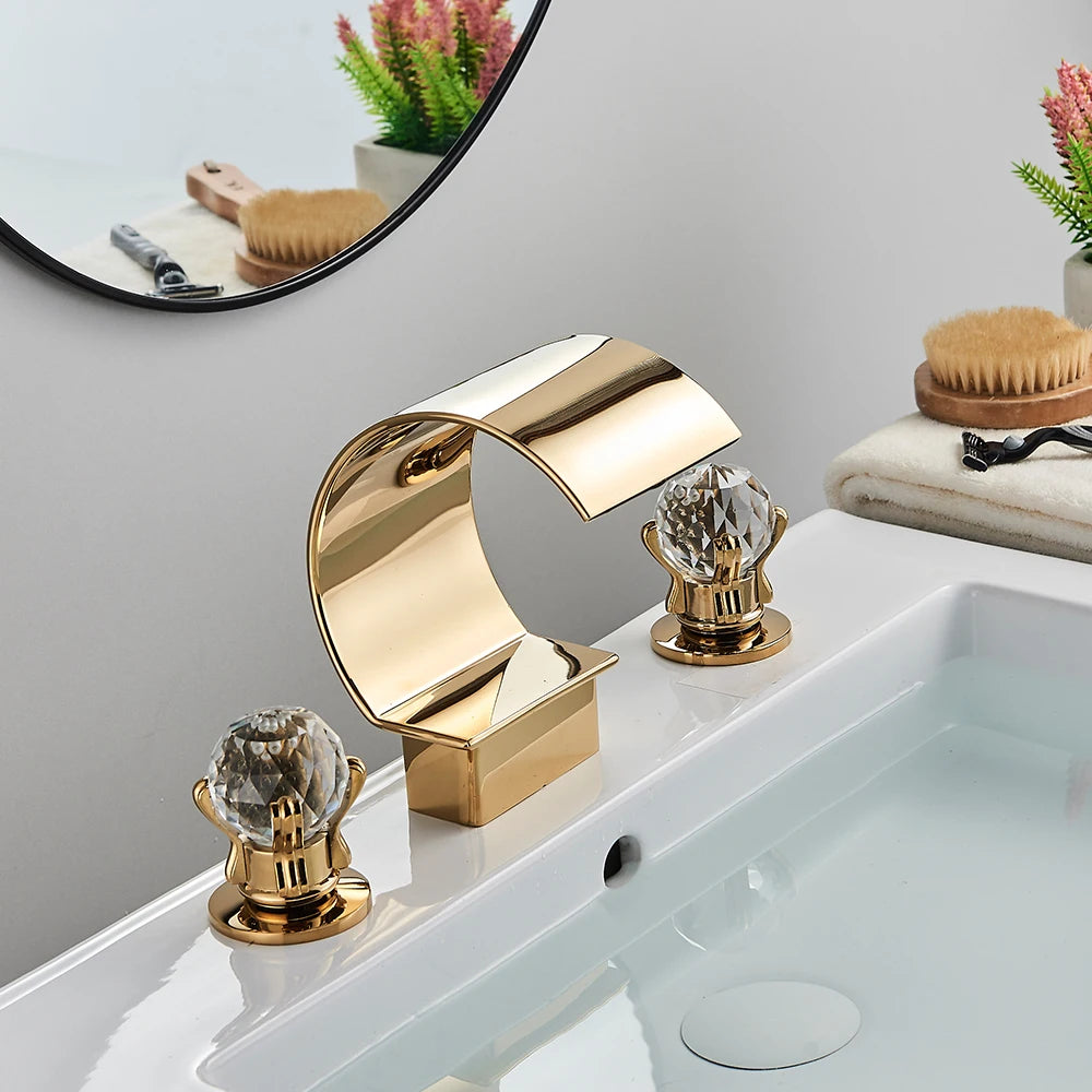 Bright Golden Waterfall Basin Faucet with Dual Crystal Handles