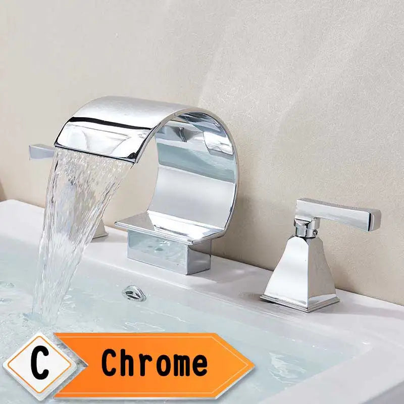 Bright Golden Waterfall Basin Faucet with Dual Crystal Handles