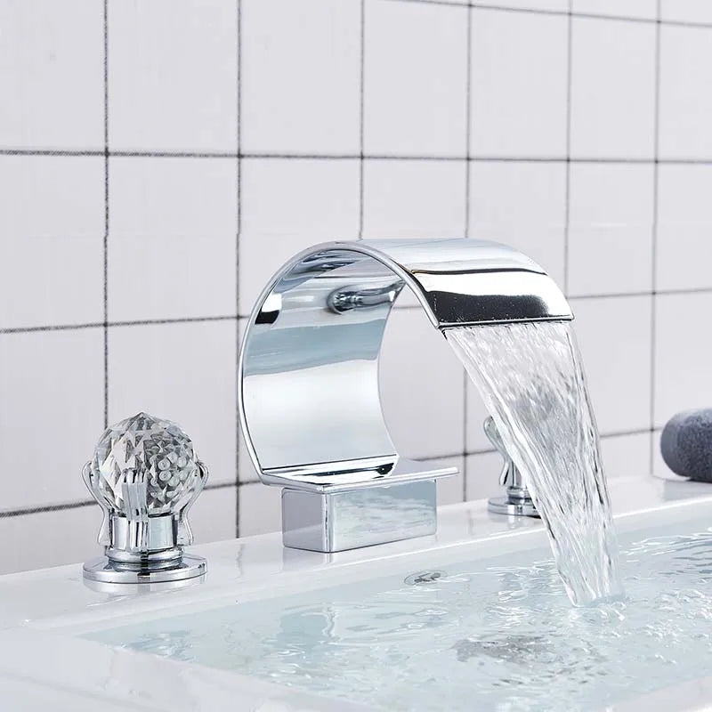 Bright Golden Waterfall Basin Faucet with Dual Crystal Handles