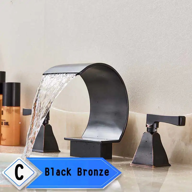 Bright Golden Waterfall Basin Faucet with Dual Crystal Handles