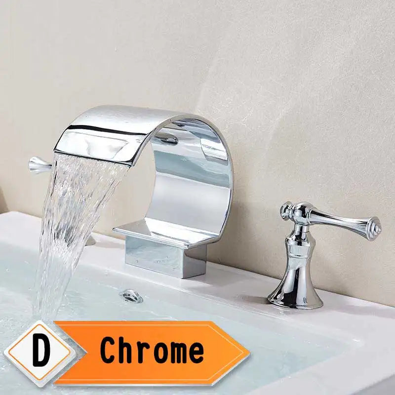 Bright Golden Waterfall Basin Faucet with Dual Crystal Handles