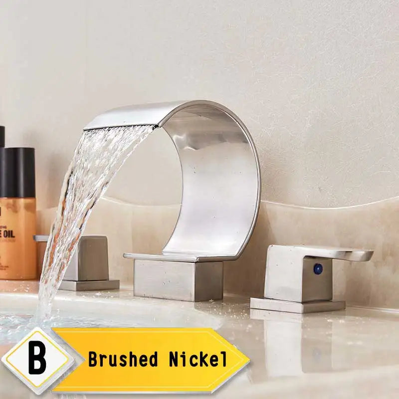 Bright Golden Waterfall Basin Faucet with Dual Crystal Handles