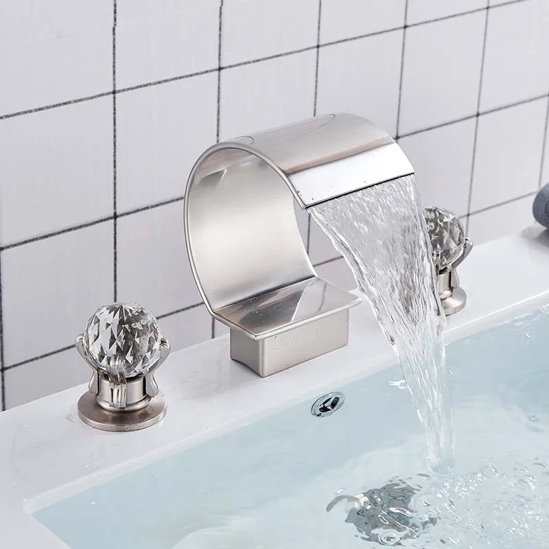 Bright Golden Waterfall Basin Faucet with Dual Crystal Handles