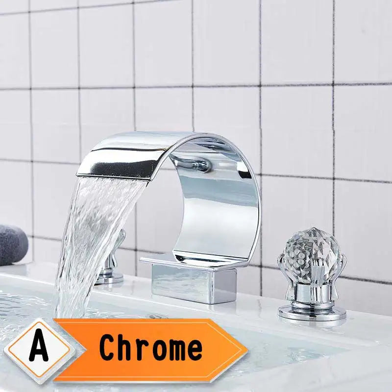 Bright Golden Waterfall Basin Faucet with Dual Crystal Handles