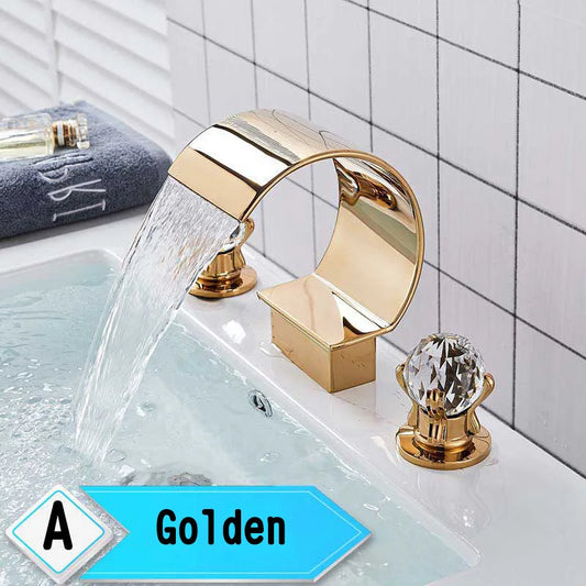 Bright Golden Waterfall Basin Faucet with Dual Crystal Handles