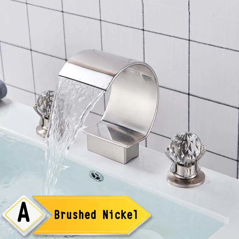 Bright Golden Waterfall Basin Faucet with Dual Crystal Handles