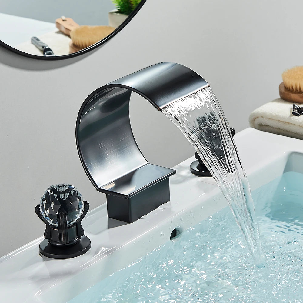 Bright Golden Waterfall Basin Faucet with Dual Crystal Handles