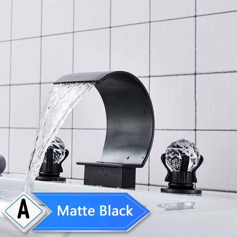 Bright Golden Waterfall Basin Faucet with Dual Crystal Handles