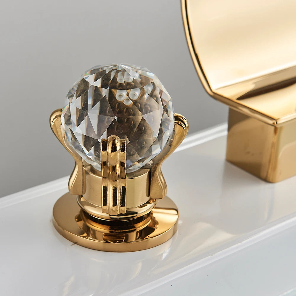 Bright Golden Waterfall Basin Faucet with Dual Crystal Handles