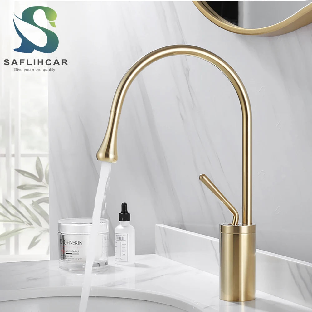 Brushed Gold Basin Faucet Deck Mounted Mixer for Bathroom Sink