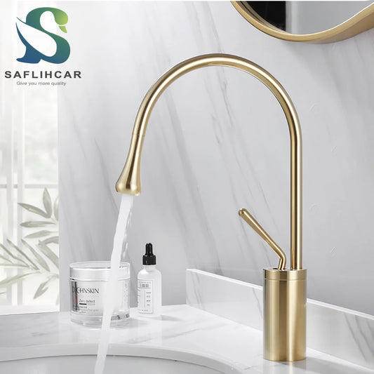 Brushed Gold Basin Faucet Deck Mounted Mixer for Bathroom Sink