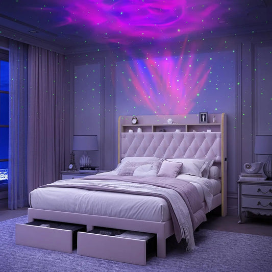 Queen LED Bed Frame with Storage and Star Projector