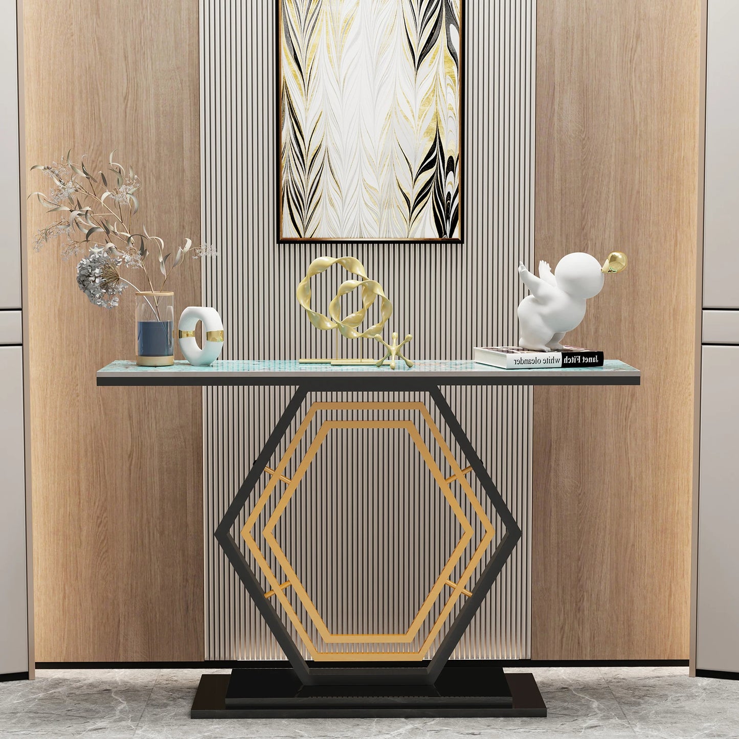 Modern Metal Console Table with Sintered Stone Top for Entryway