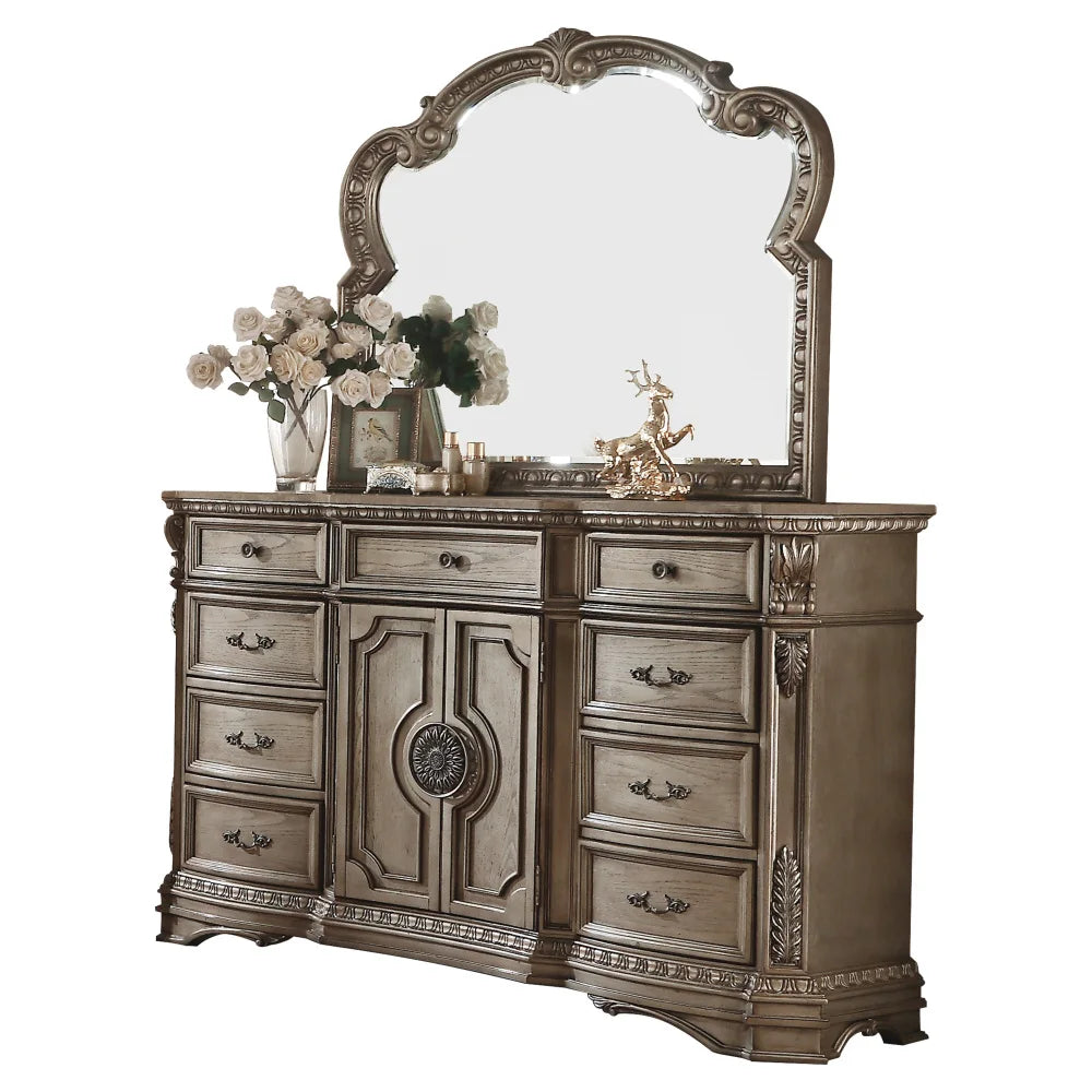 Antique Silver European Style Wooden Dresser with Mirror