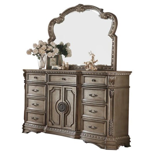 Antique Silver European Style Wooden Dresser with Mirror