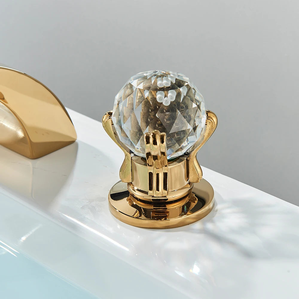 LED Widespread Bathroom Faucet Waterfall Gold Polished Design
