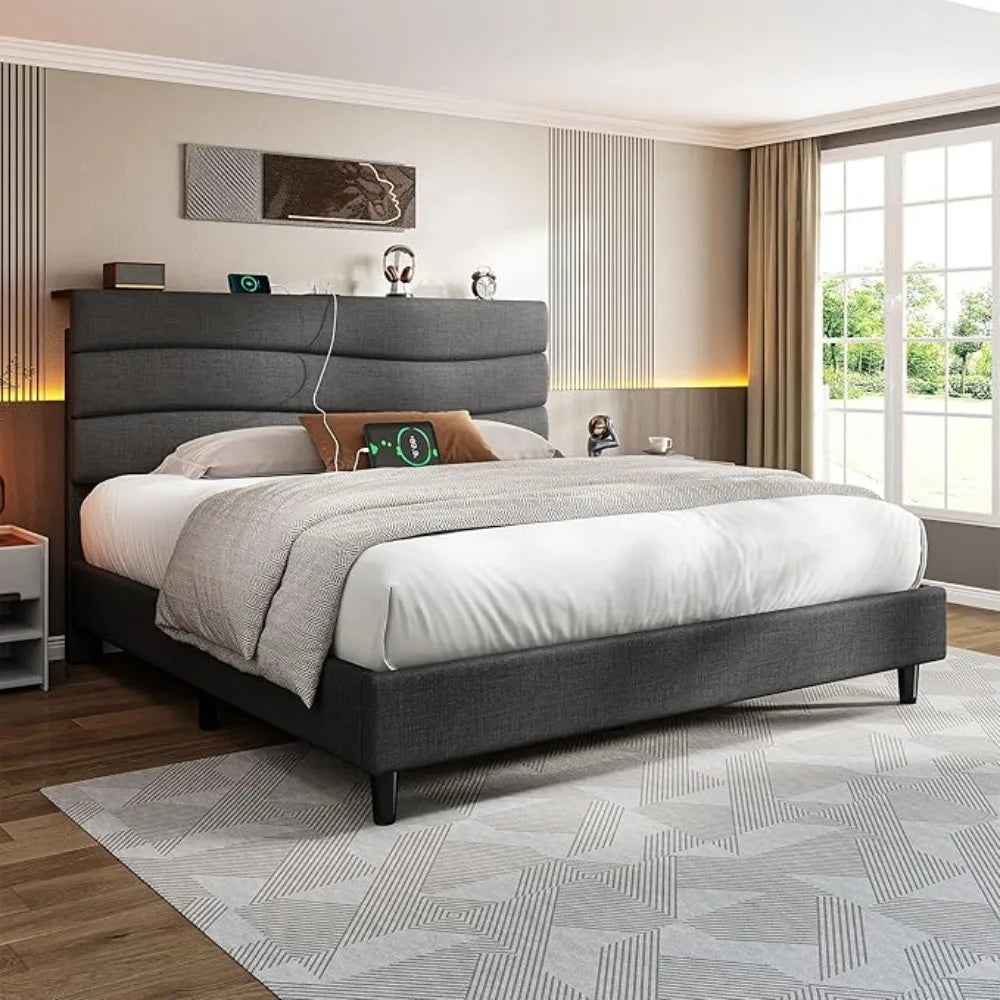 Queen Bed Frame with Upholstered Headboard and Storage Charging Station