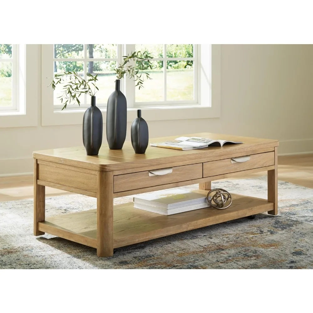 Rencott Classic 2-Drawer Coffee Table with Lower Shelf and Casters