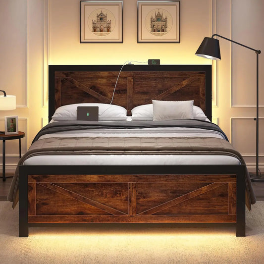 Queen Size LED Bed Frame with Rustic Wood Headboard and Charger
