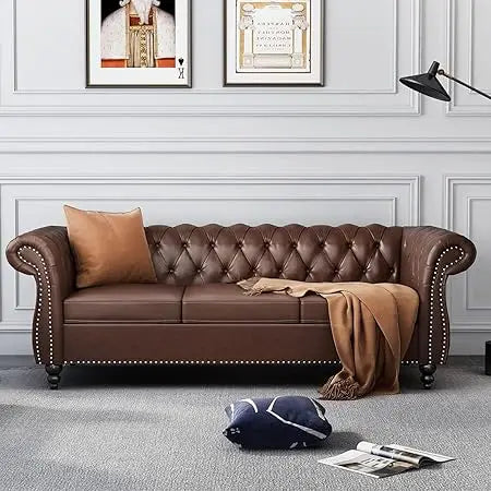 Chesterfield Leather Sofa 3 Seater Mid Century Tufted Couch