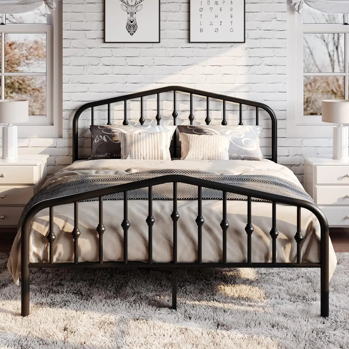 Queen Size Metal Platform Bed Frame with Victorian Wrought Iron