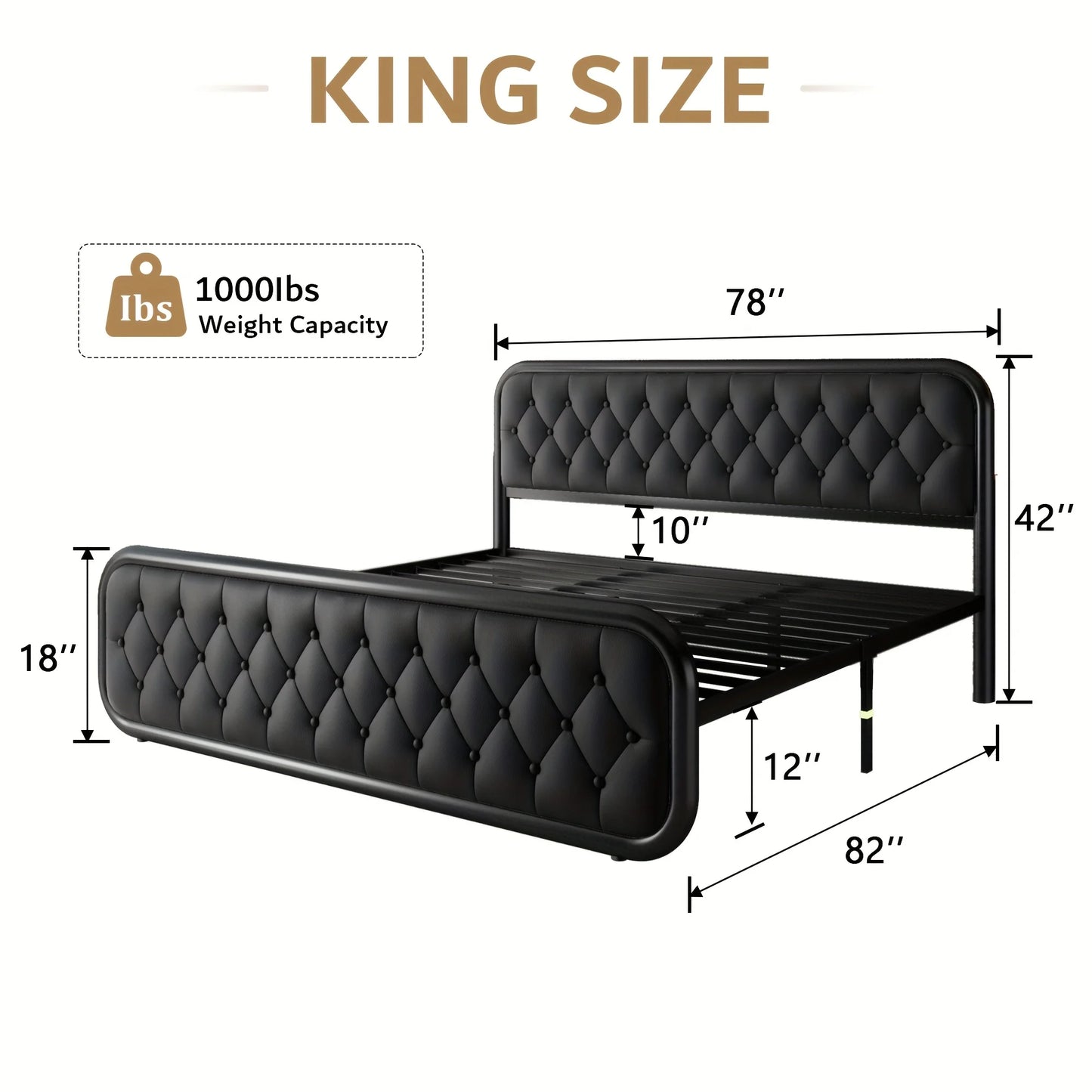 Classic Metal King Full Size Bed Frame with Faux Leather Headboard