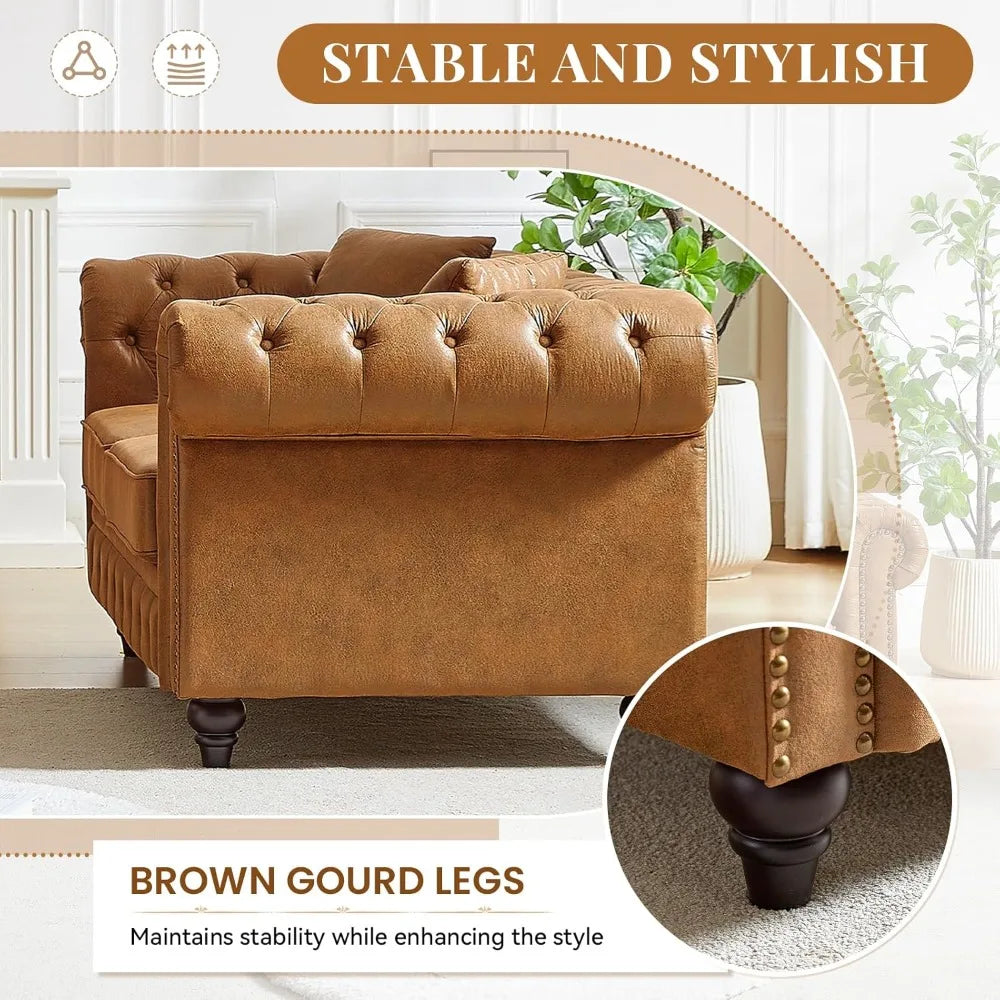 Modern Chesterfield Sofa Couch 85.5 Inch Brown 3-Seater Design