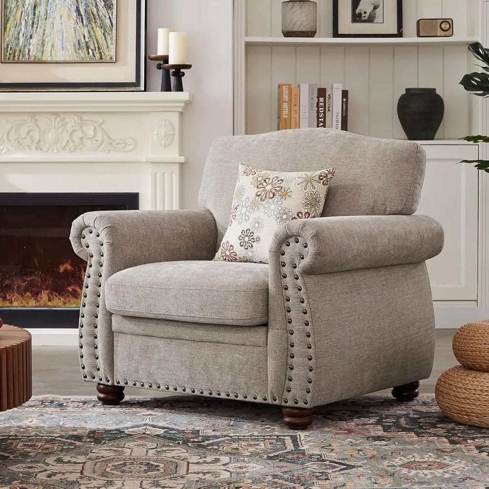 Beige Nailhead Trim Armchair Chenille Accent Chair for Living Room