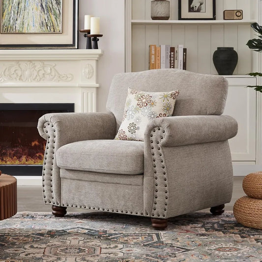 Beige Nailhead Trim Armchair Chenille Accent Chair for Living Room