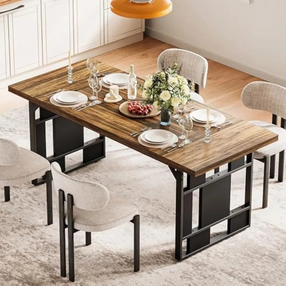 Rustic 71 Inch Large Dining Table for 6 with Metal Frame