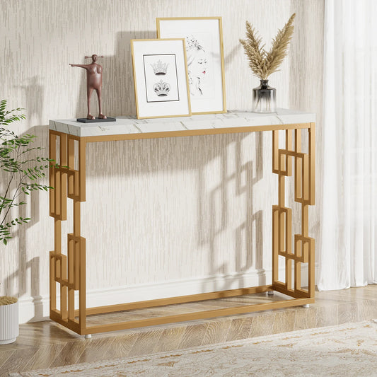 Tribesigns Gold Console Table with White Faux Marble Top