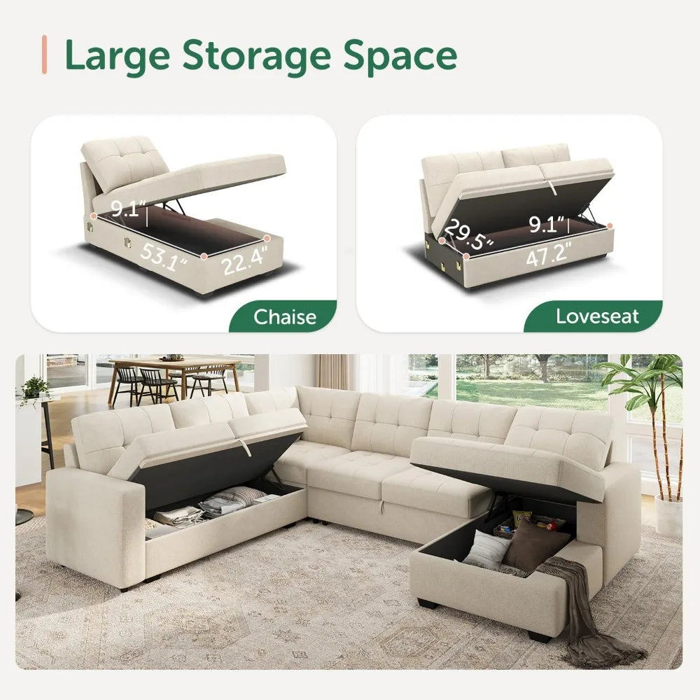 Beige U Shaped Sleeper Sectional Sofa With Storage Chaise