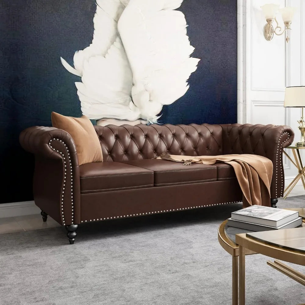 Chesterfield Leather Sofa 3 Seater Mid Century Tufted Couch