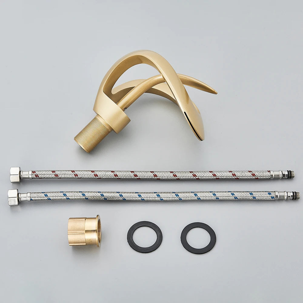 Gold Brass Waterfall Bathroom Faucet Single Handle Mixer Tap