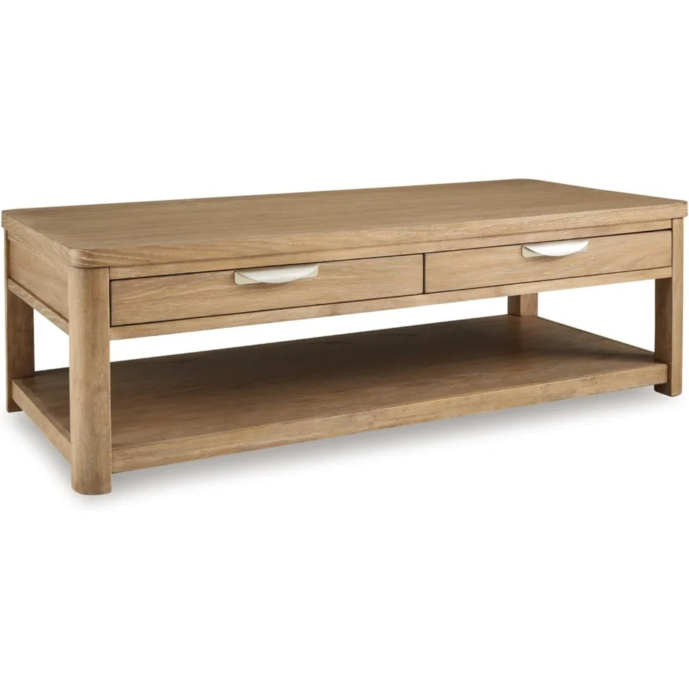 Rencott Classic 2-Drawer Coffee Table with Lower Shelf and Casters