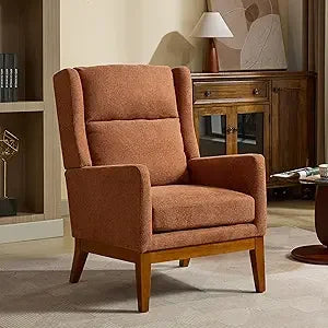 Beige Upholstered Wingback Armchair Mid Century Modern Design