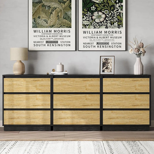 RoyaCraft Black Nightstand Set of 3 with Large Drawers