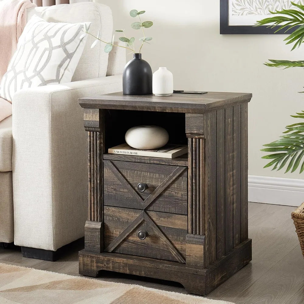 Rustic Nightstand with Charging Station and Barn Door Design