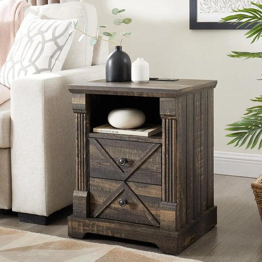Rustic Nightstand with Charging Station and Barn Door Design