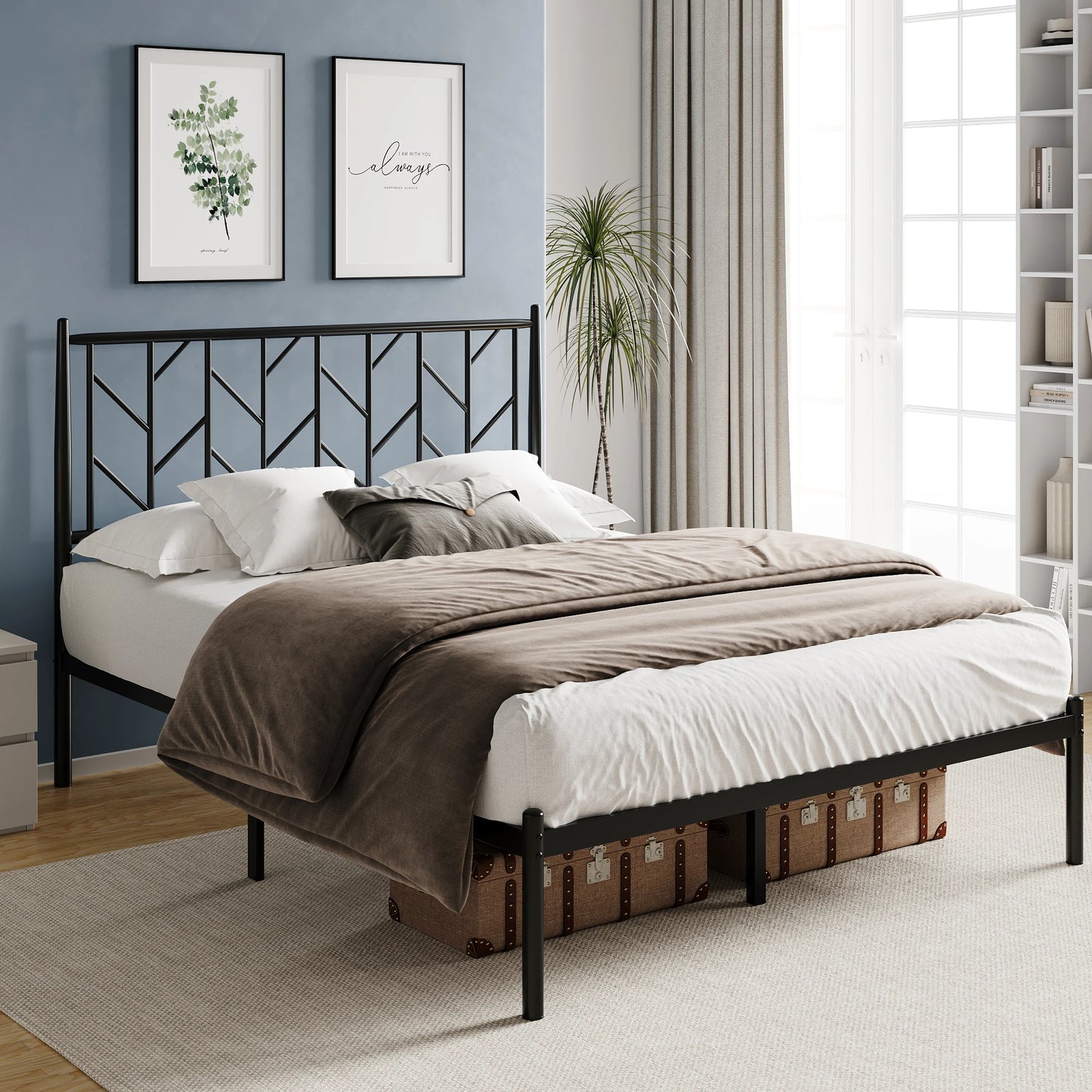 HOOMIC Metal Platform Bed Frame with Vintage Headboard and Storage