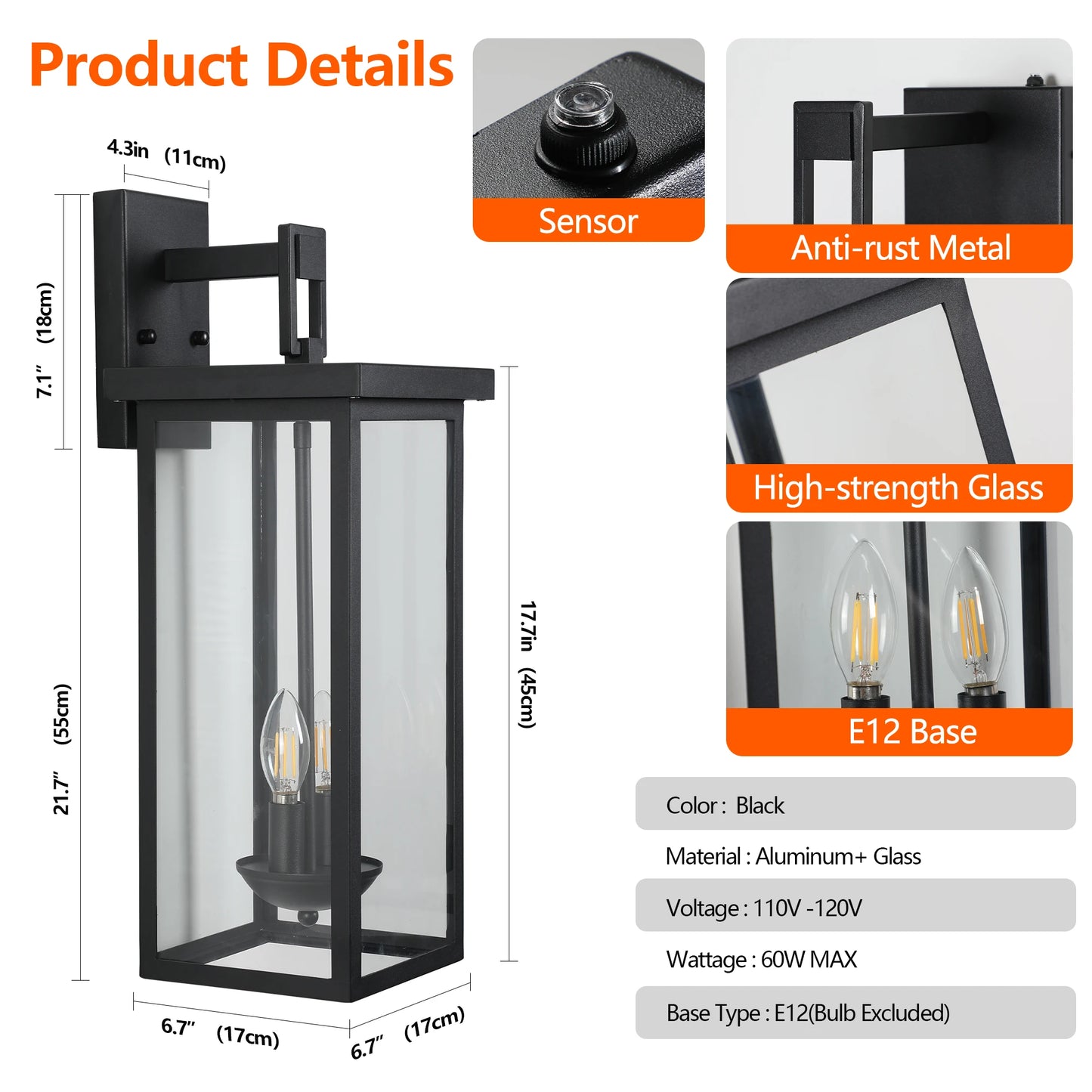 Outdoor 22 Inch Wall Lantern with Dusk to Dawn Sensor Black