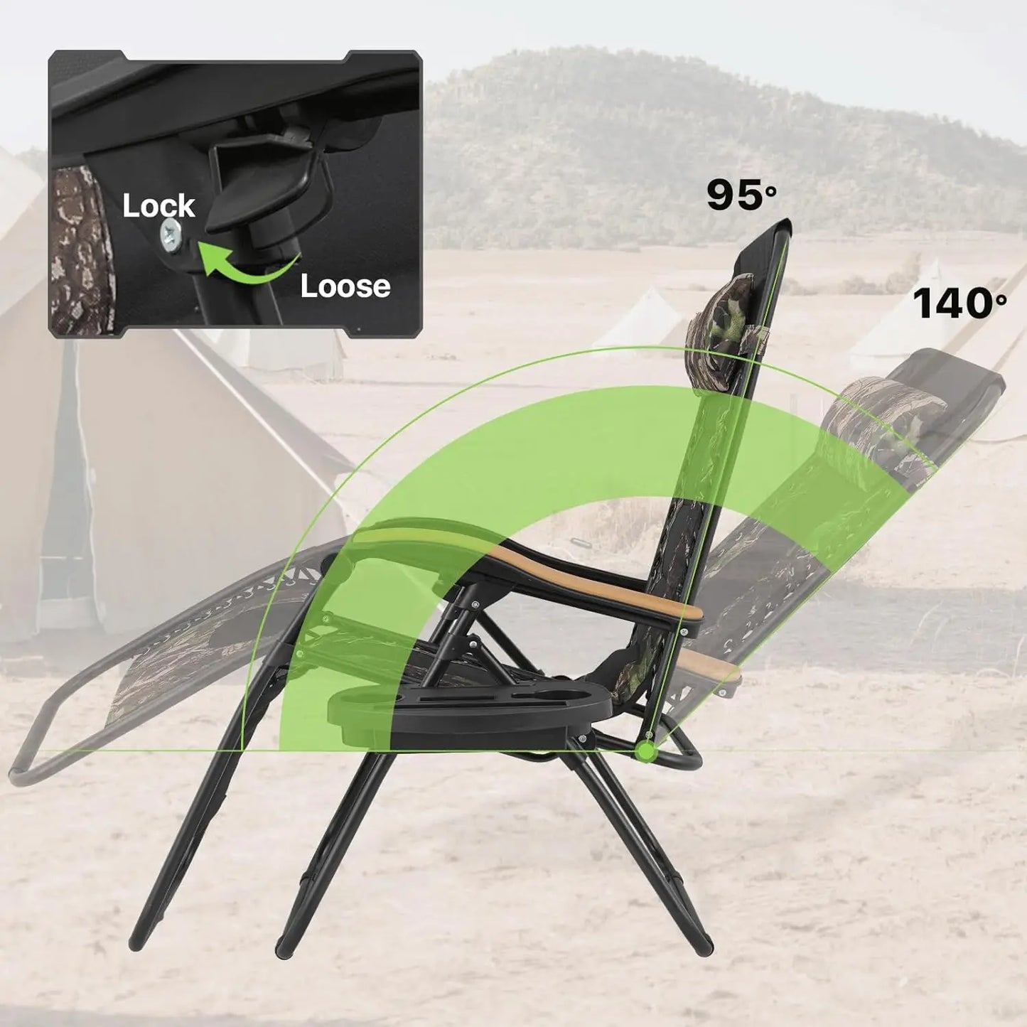 Zero Gravity Lounge Chairs Set of 2 with Adjustable Side Tray