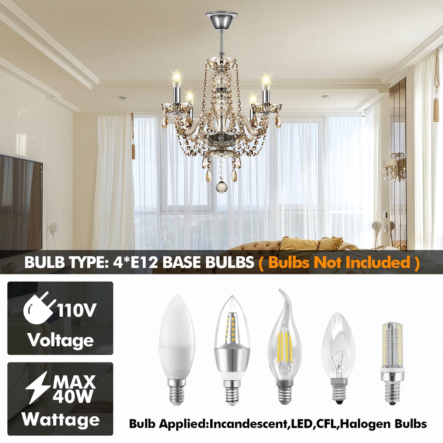 4 Arms Crystal Chandelier Pendant Light in Cognac Gold Finish