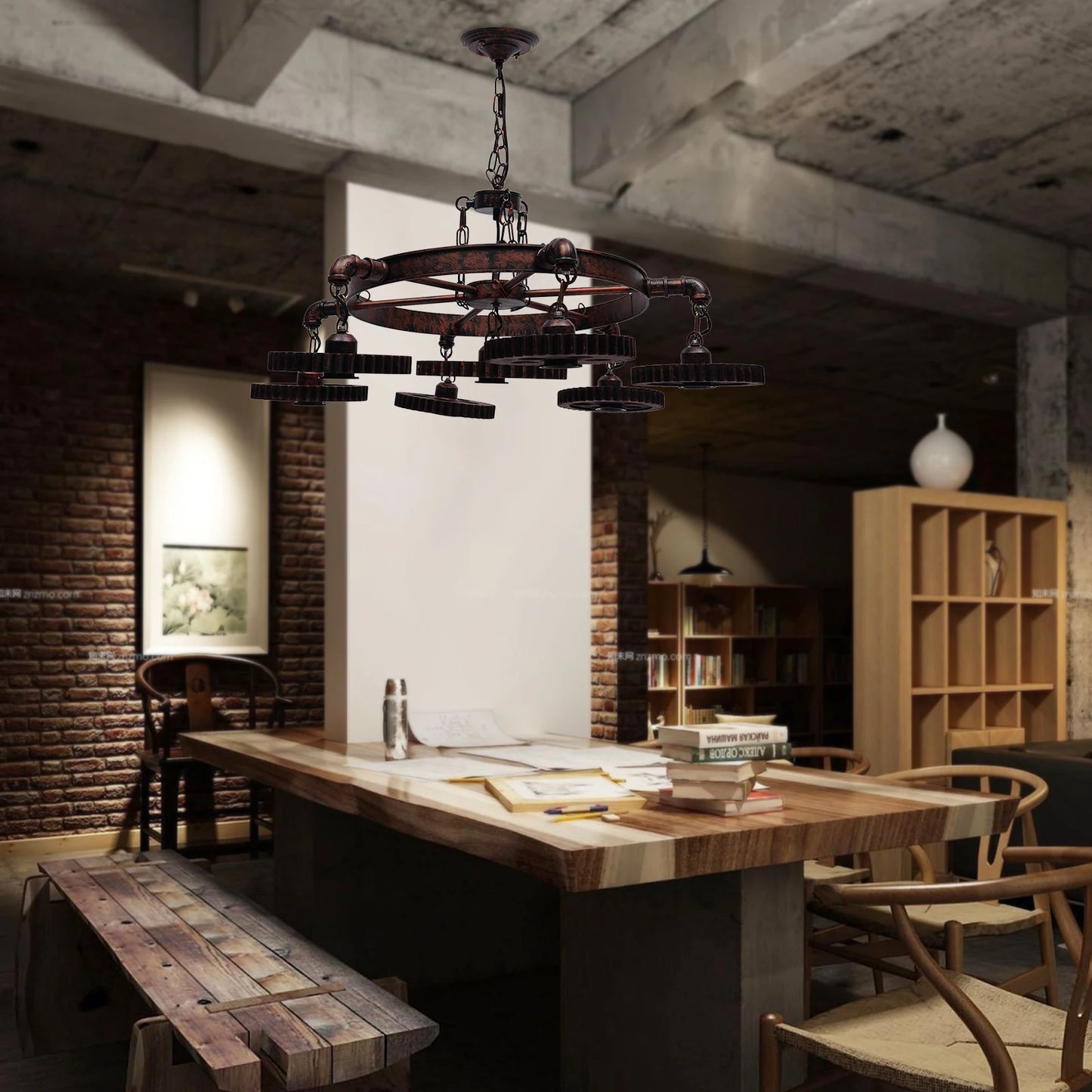 Retro Vintage Industrial Round Gear Chandelier with 7 Lights