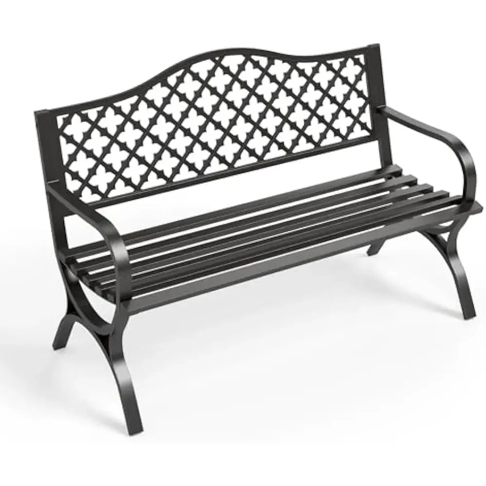 50 Inch Outdoor Garden Bench with Floral Design Metal Frame